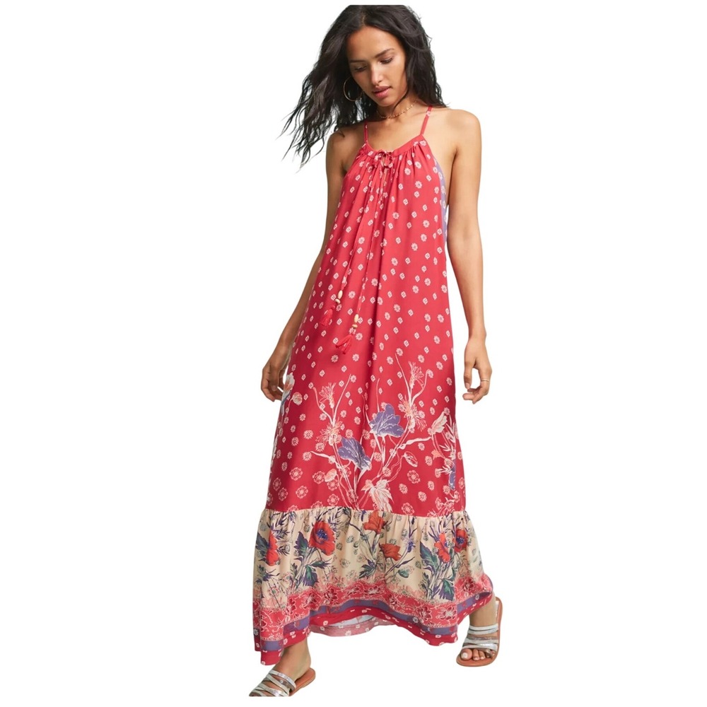 Anthropologie Maeve Kira Red Floral Patchwork Maxi Dress XS Coastal Romantic